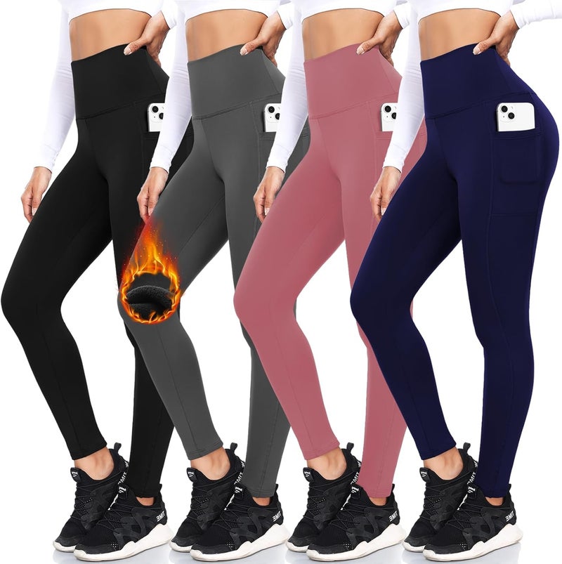 FULLSOFT 4 Pack Fleece Lined Leggings with Pockets for Women High Waisted Thermal Winter Warm Yoga Pants for Workout Running - Image 1